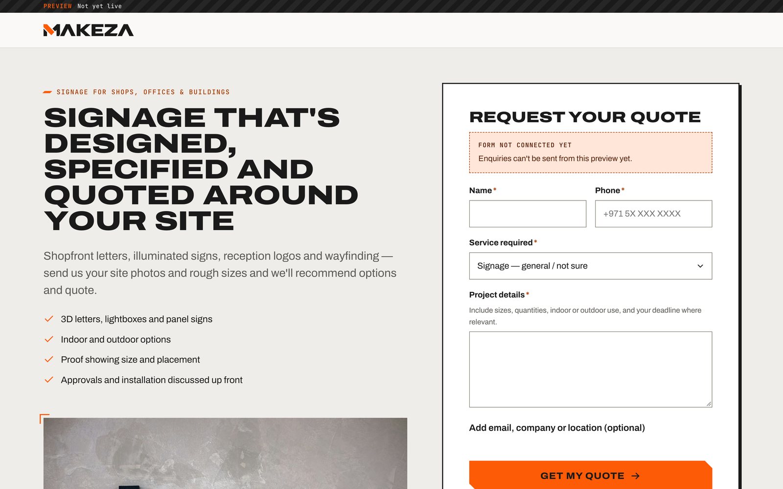 Makeza signage Google Ads landing page with quote form