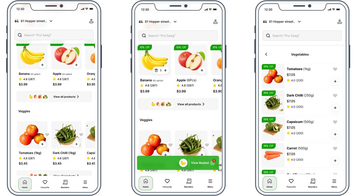 Mid-fidelity product listing screens