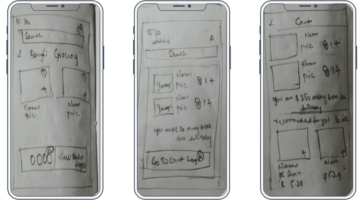 Hand-drawn phone screen sketches