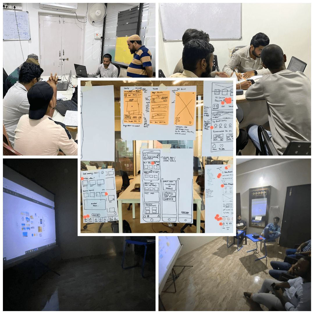 Team workshop photos with sticky notes and whiteboard sketches